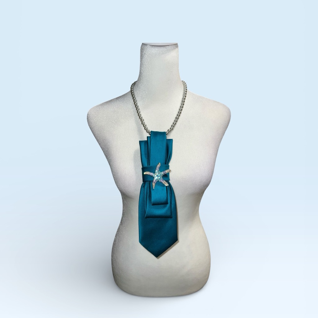 Elegant Aqua Blue Necktie Necklace With Silver Starfish Brooch Accents